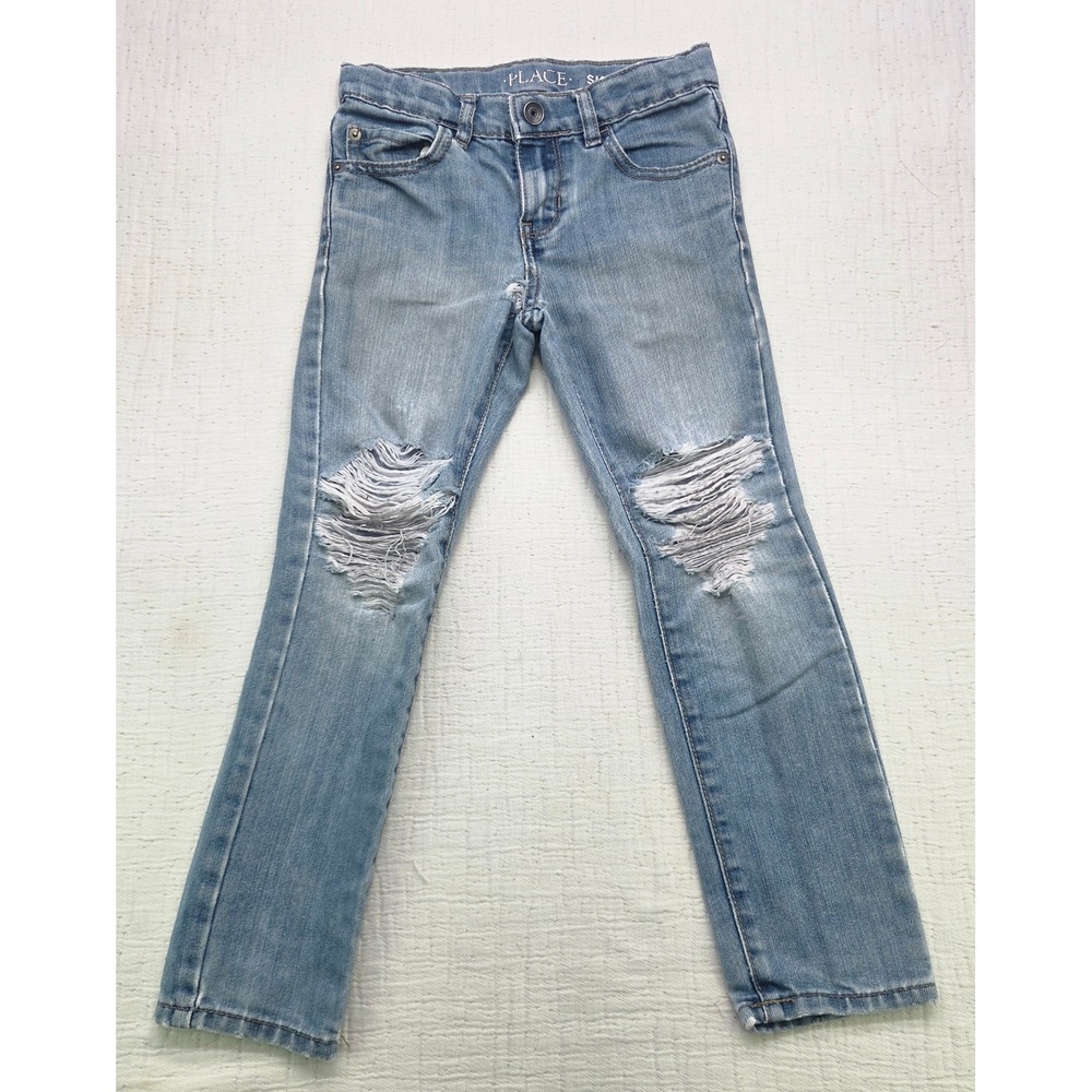 The Childrens Place Boys Skinny Jeans Light Wash Distressed Ripped Size 6